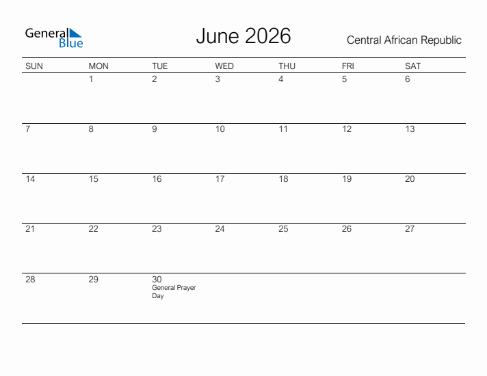 Printable June 2026 Calendar for Central African Republic