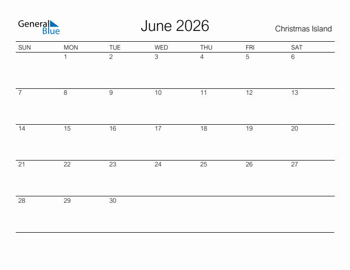 Printable June 2026 Calendar for Christmas Island