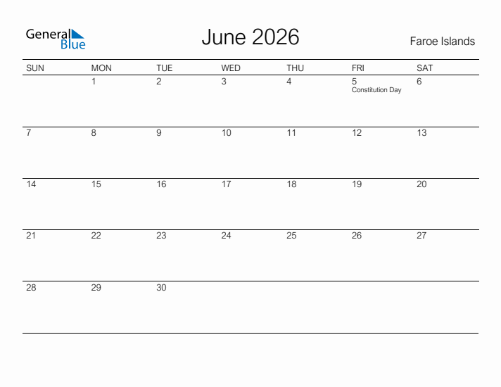 Printable June 2026 Calendar for Faroe Islands