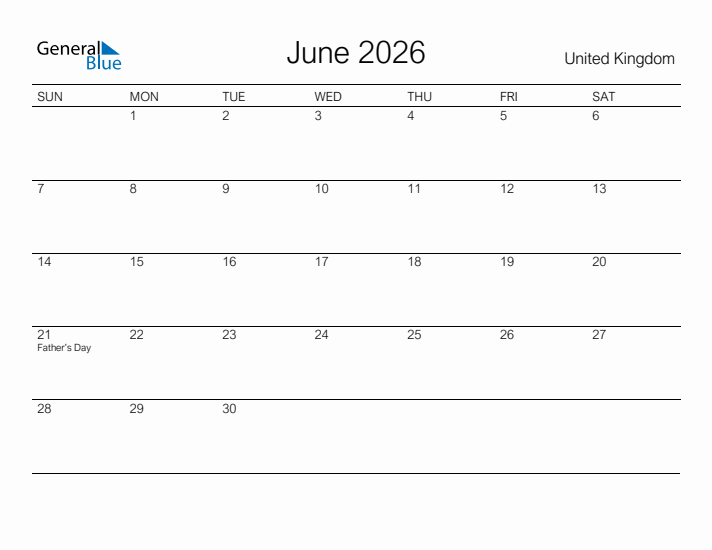 Printable June 2026 Calendar for United Kingdom