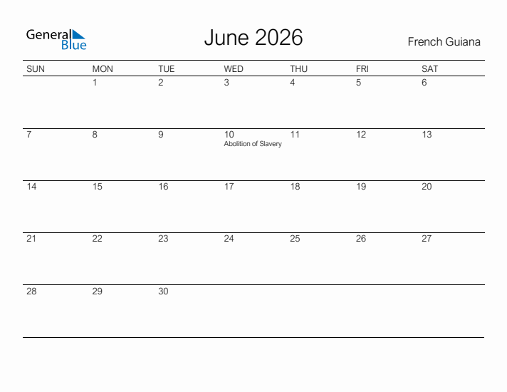 Printable June 2026 Calendar for French Guiana