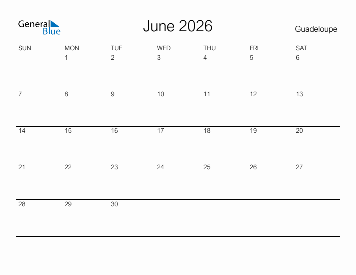 Printable June 2026 Calendar for Guadeloupe