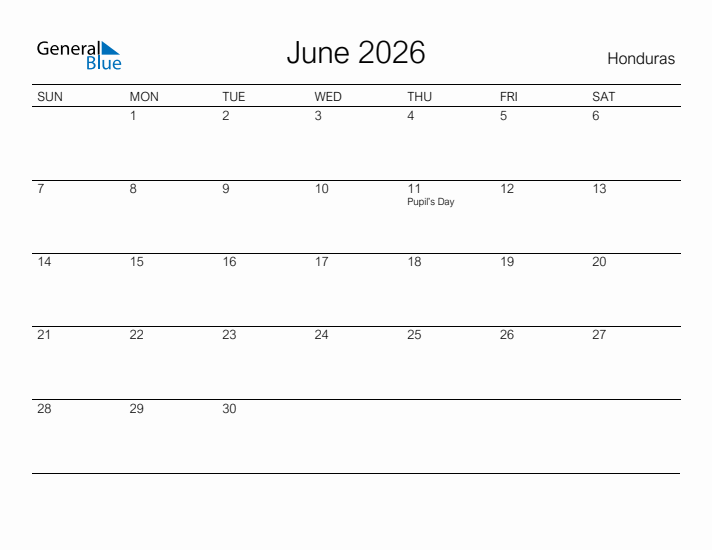 Printable June 2026 Calendar for Honduras