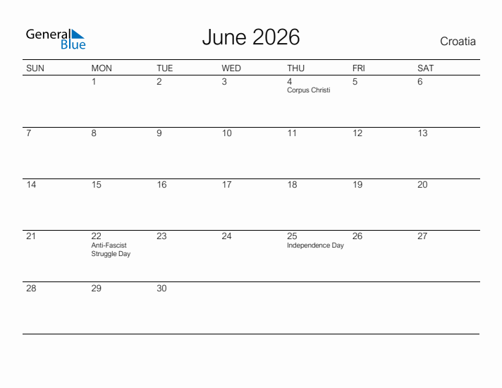 Printable June 2026 Calendar for Croatia