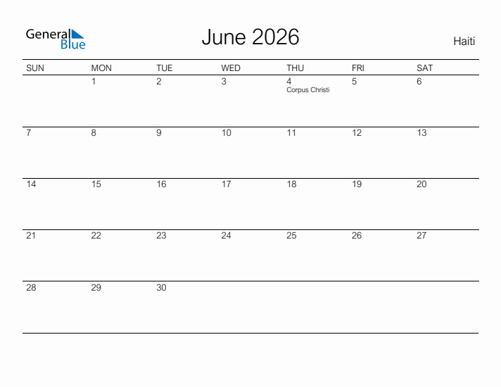 Printable June 2026 Calendar for Haiti