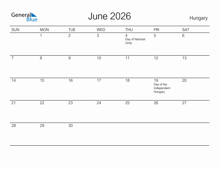 Printable June 2026 Calendar for Hungary