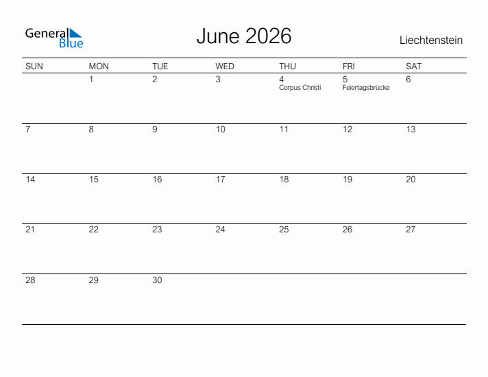 Printable June 2026 Calendar for Liechtenstein