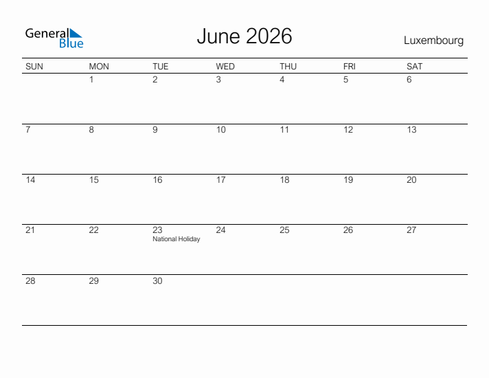 Printable June 2026 Calendar for Luxembourg