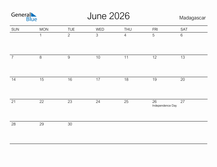 Printable June 2026 Calendar for Madagascar