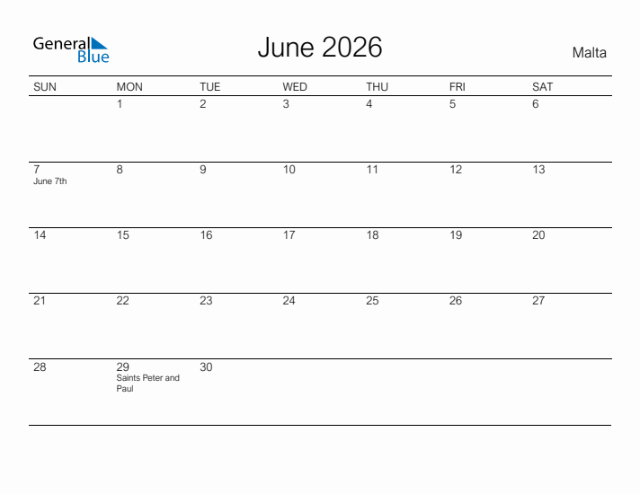 Printable June 2026 Calendar for Malta