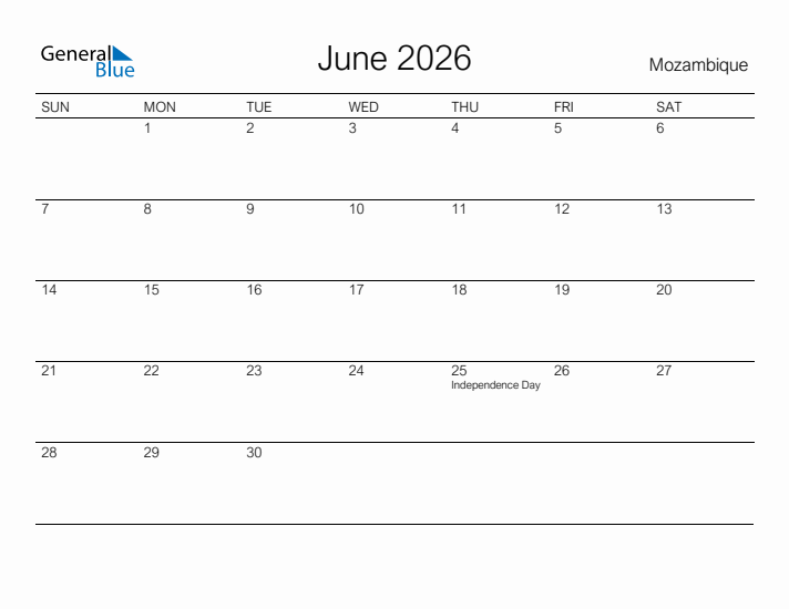 Printable June 2026 Calendar for Mozambique
