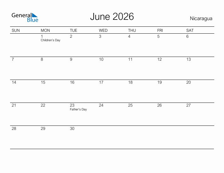 Printable June 2026 Calendar for Nicaragua