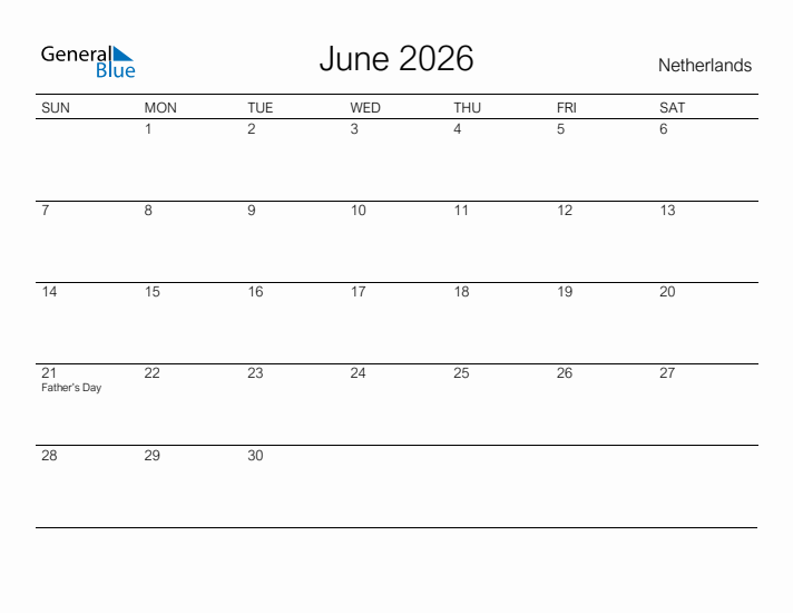 Printable June 2026 Calendar for The Netherlands
