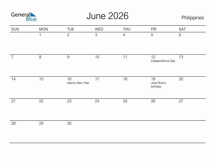 Printable June 2026 Calendar for Philippines