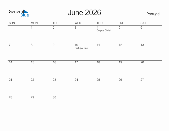 Printable June 2026 Calendar for Portugal