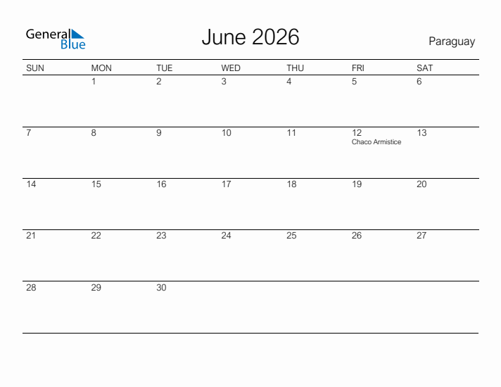 Printable June 2026 Calendar for Paraguay