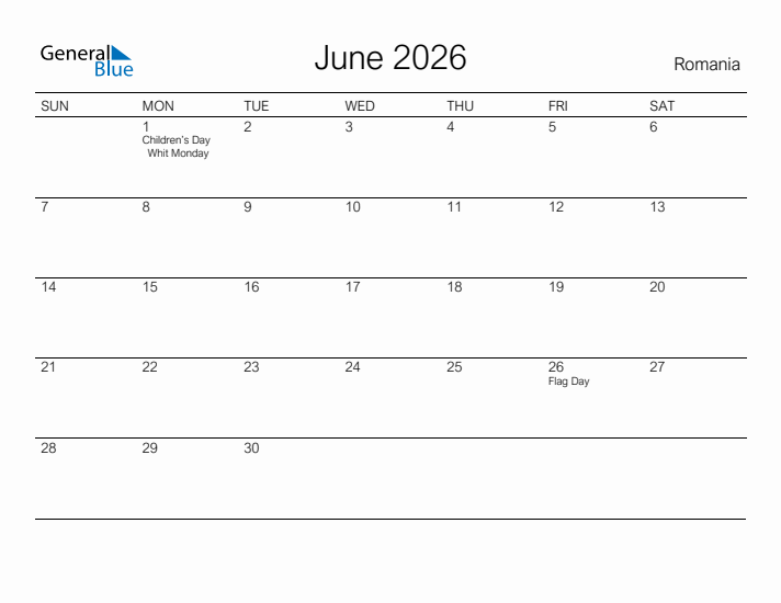 Printable June 2026 Calendar for Romania