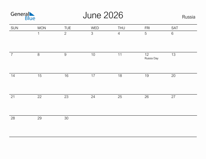 Printable June 2026 Calendar for Russia