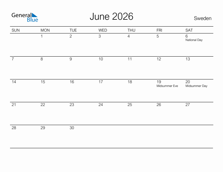 Printable June 2026 Calendar for Sweden