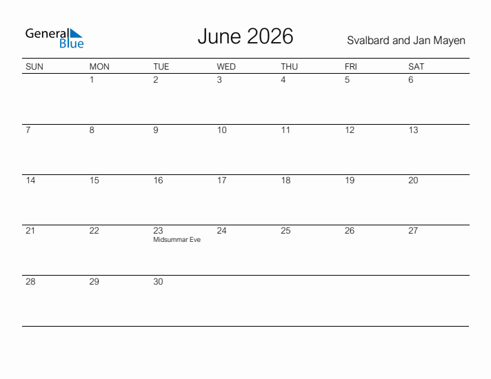 Printable June 2026 Calendar for Svalbard and Jan Mayen