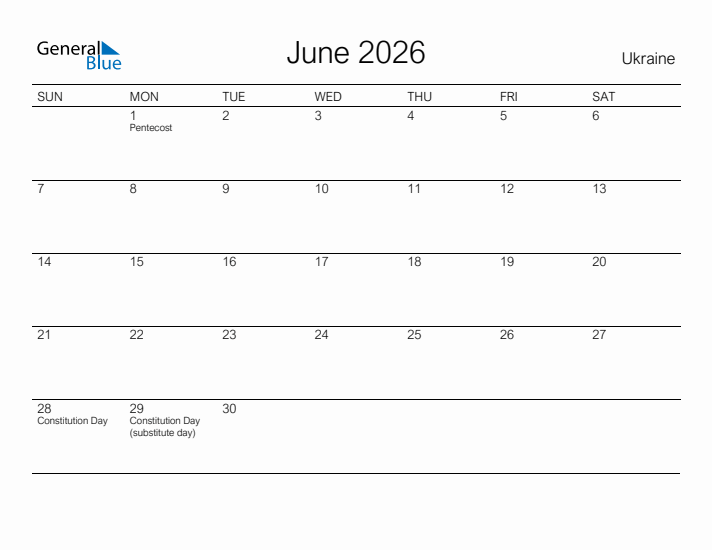 Printable June 2026 Calendar for Ukraine