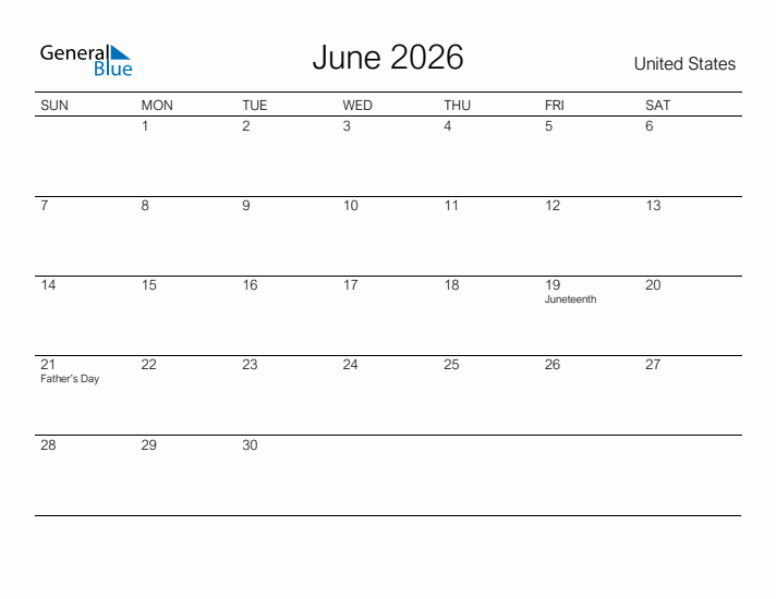 Printable June 2026 Calendar for United States