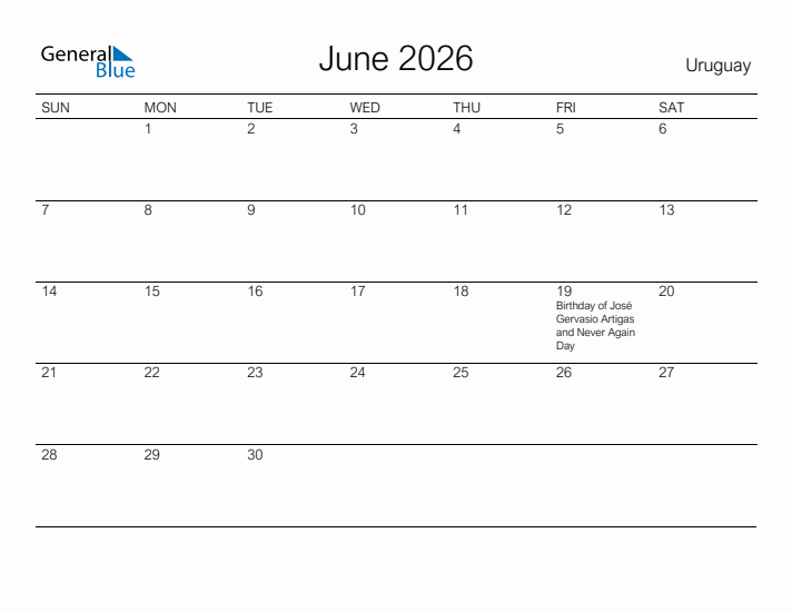 Printable June 2026 Calendar for Uruguay