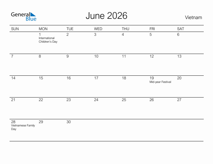 Printable June 2026 Calendar for Vietnam