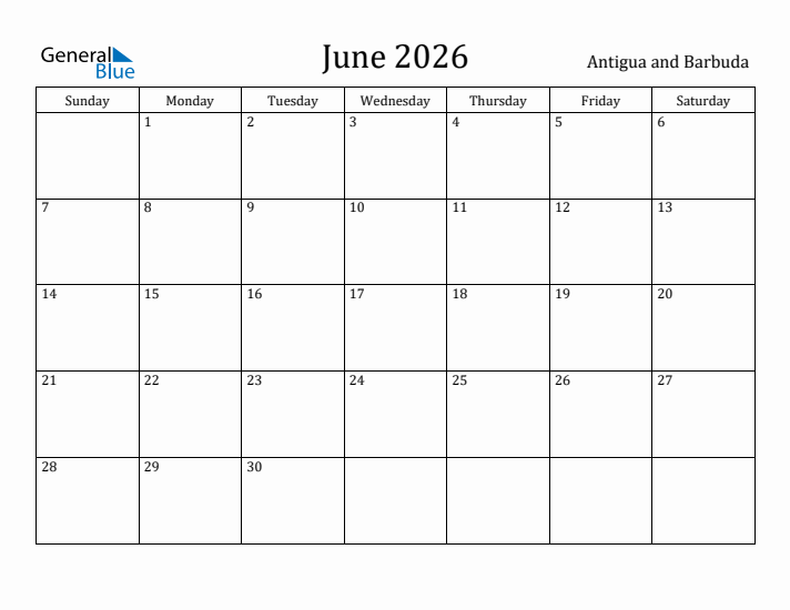 June 2026 Calendar Antigua and Barbuda