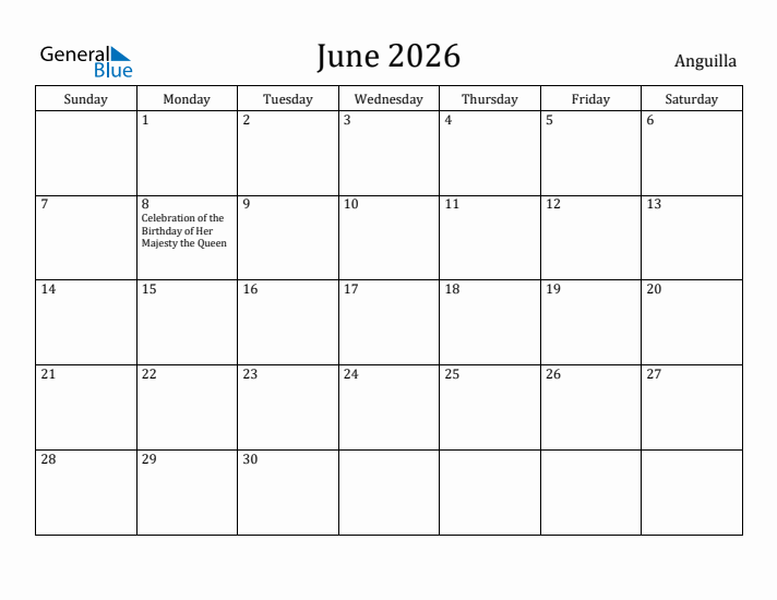 June 2026 Calendar Anguilla