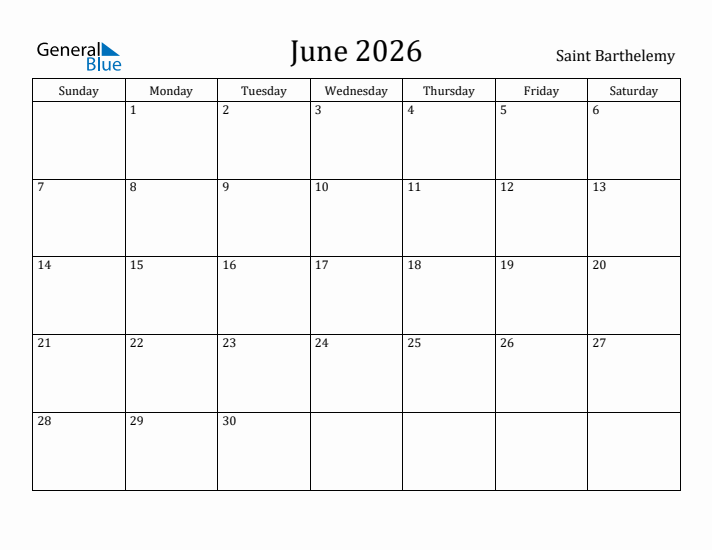 June 2026 Calendar Saint Barthelemy