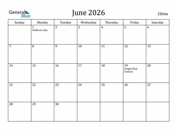 June 2026 Calendar China