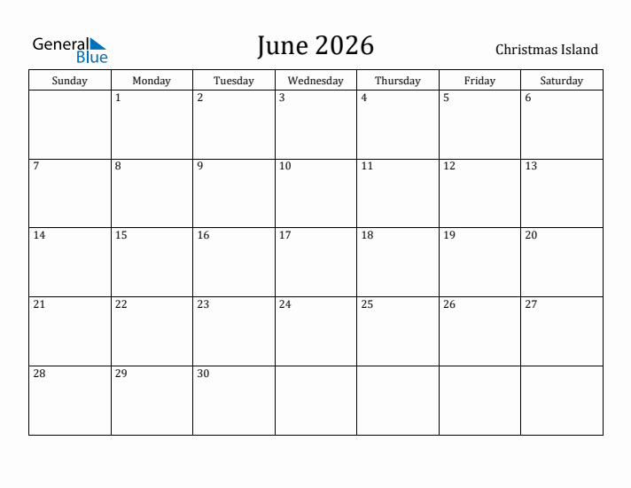 June 2026 Calendar Christmas Island