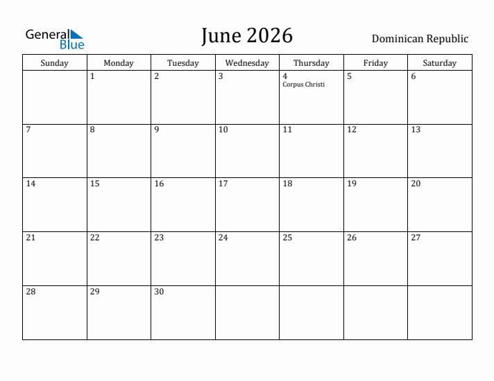 June 2026 Calendar Dominican Republic