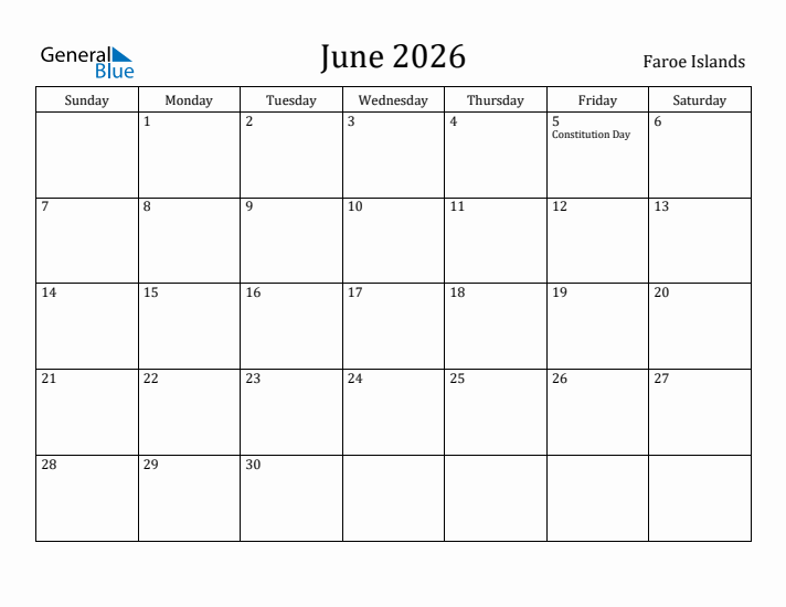 June 2026 Calendar Faroe Islands