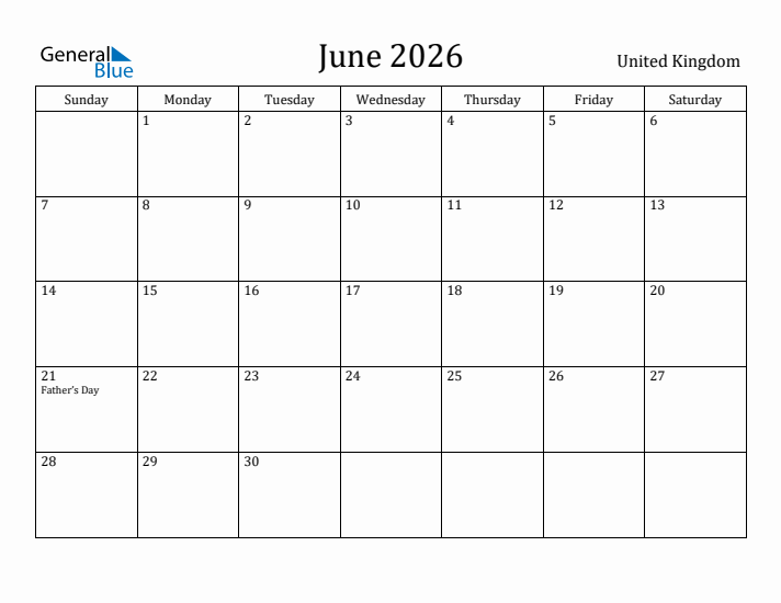 June 2026 Calendar United Kingdom