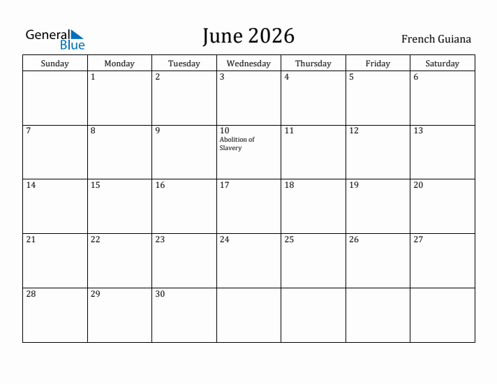 June 2026 Calendar French Guiana
