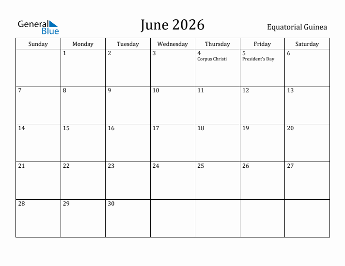 June 2026 Calendar Equatorial Guinea