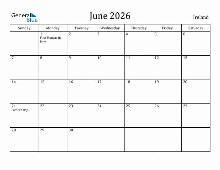 June 2026 Calendar Ireland