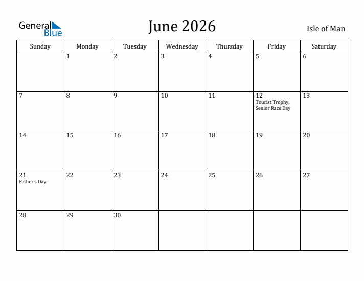 June 2026 Calendar Isle of Man