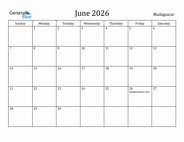 June 2026 Calendar Madagascar
