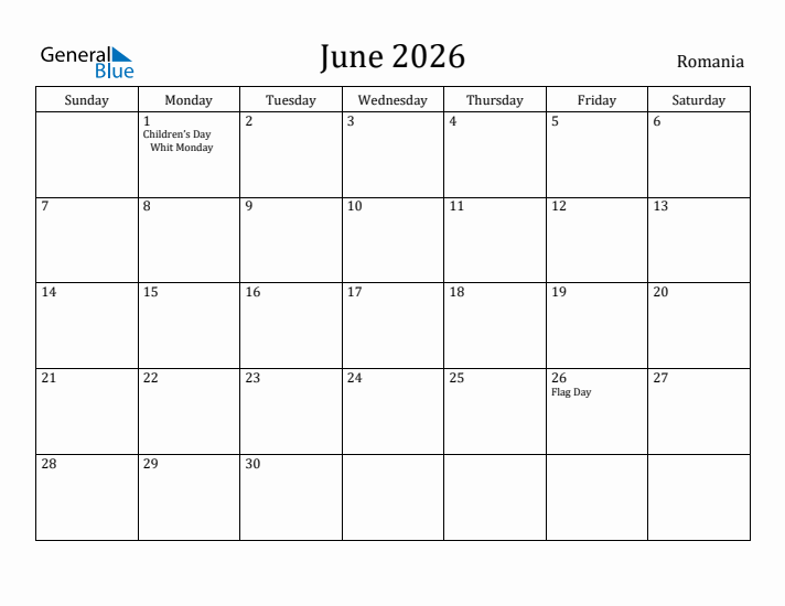 June 2026 Calendar Romania