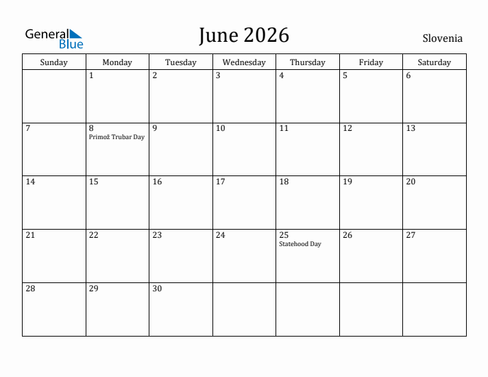June 2026 Calendar Slovenia