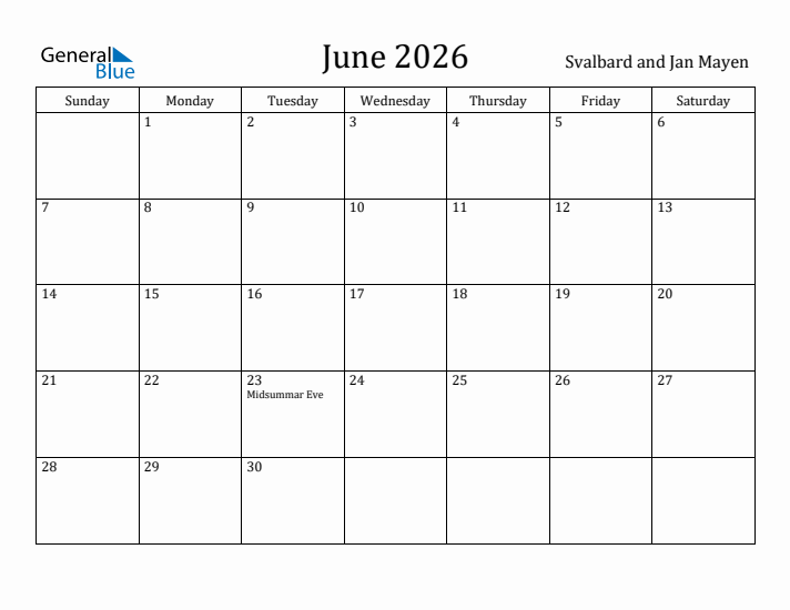 June 2026 Calendar Svalbard and Jan Mayen