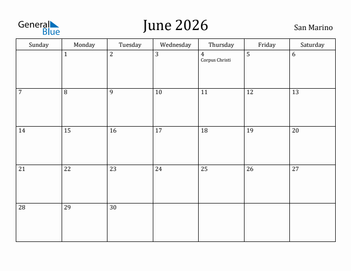 June 2026 Calendar San Marino