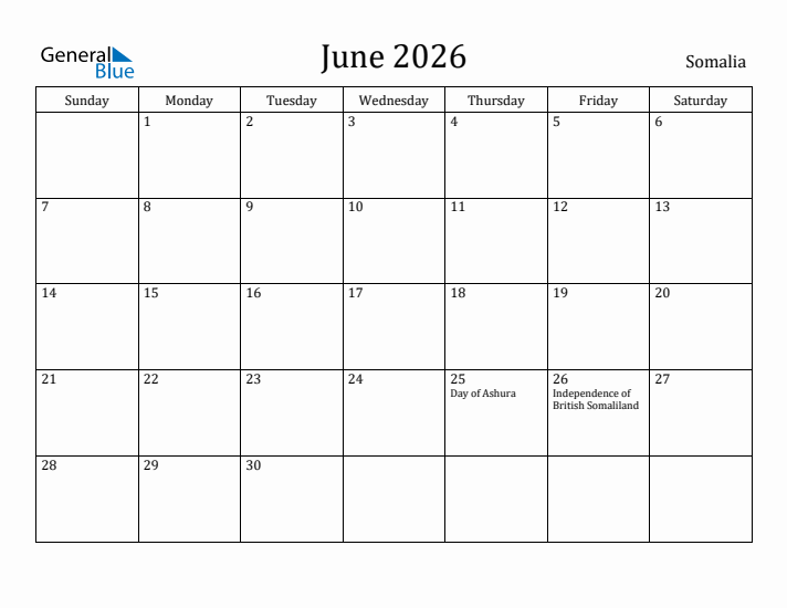 June 2026 Calendar Somalia