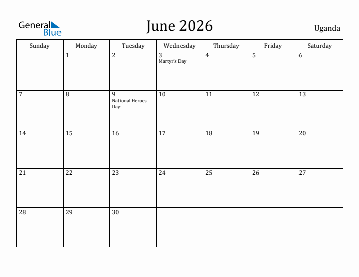 June 2026 Calendar Uganda