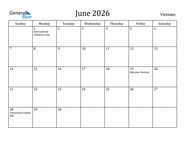 June 2026 Calendar Vietnam