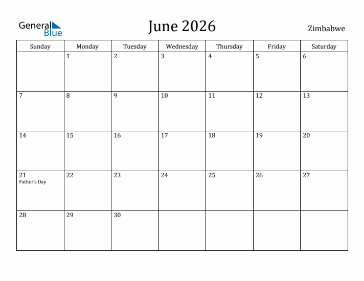 June 2026 Calendar Zimbabwe