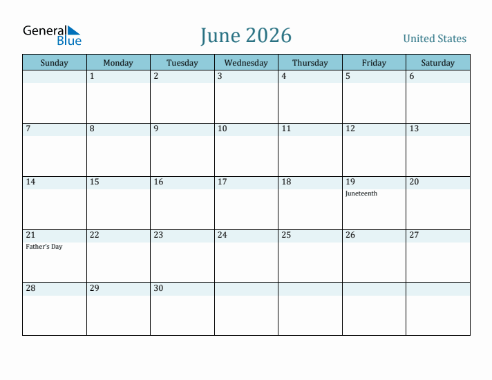 June 2026 Monthly Calendar with United States Holidays